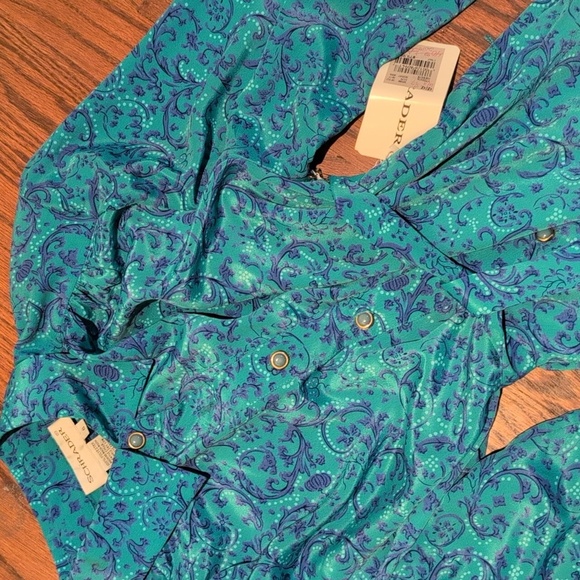 Shrader - VINTAGE 90s Paisley Printed Workwear Vibrant Teal and Purple Dress - Picture 2 of 8